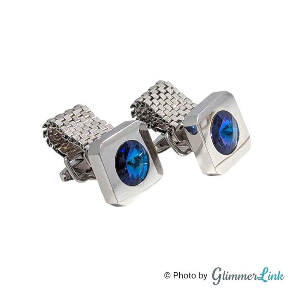 Vintage Foster Blue Rivoli MCM Silver Tone Cufflinks with Detachable Mesh Wrap - Picture 2 of 11
